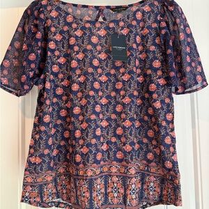 Lucky Brand Navy Blouse with Coral Floral Print